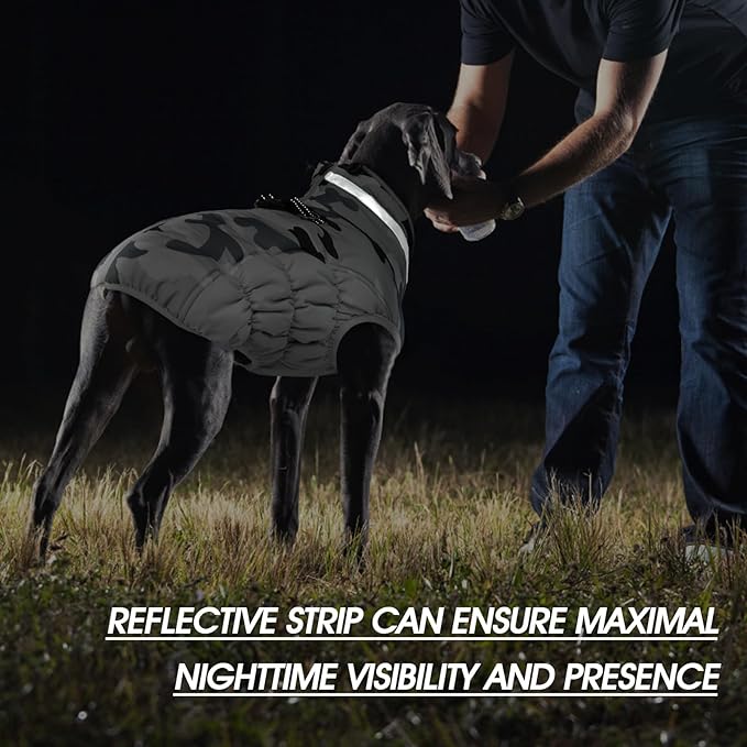 FUAMEY Dog Coat for Small Dogs,Waterproof Dog Winter Jacket with Harness Built in Puppy Cold Weather Coats Reflective Pet Vest with Zipper Warm Fleece Dogs Snowsuit Windproof Grey Camo S