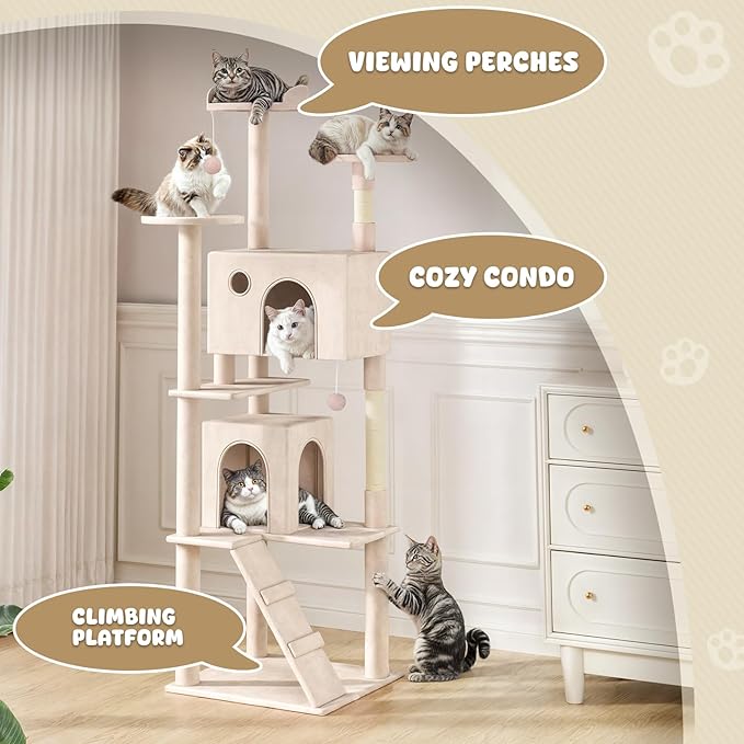 Magshion Cat Tree 77" Cats Tower for Indoor Cats, Multi-Level Cat Condo with Scratching Post, Top Perch, Sisal Board and Dangling Ball, Cat Stand Jumping Platform Kittens Pet Play House (Beige)