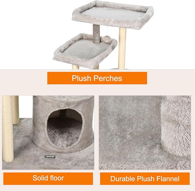 42-in Heavy-Duty Cat Tree for Large Cats, Multi-Level Tower with Sisal Scratching Posts, Plush Perch, Hammock & Condo Anti-Tip Design