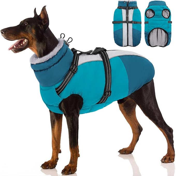 SUNFURA Dog Coat, Dog Jacket for Large Dogs with Harness Built in, Warm Pet Winter Coat Zip Up Snow Jacket with Furry Collar for Boston Terrier, French Bulldogs, Turquoise L