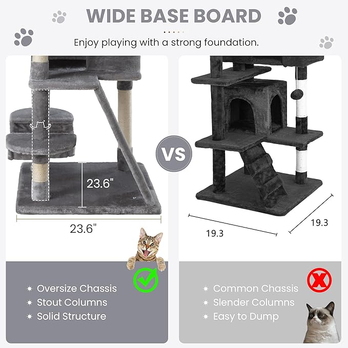 SHA CERLIN 65in Larger Cat Tree Tower Condo for Indoor Kitties/Multi-Level Furniture Activity Center with Wide Base/Cozy Plush Cat Perches/Baskets/Sisal Scratching Posts and Hammock/Grey