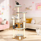 Tall Wooden Cat Tree, 69.3 Inch Modern Cat Tower for Indoor Cats, Multi-Level Cat Condo with 5 Scratching Posts, Perch, Cat Furniture for Big Cats, Rustic Brown