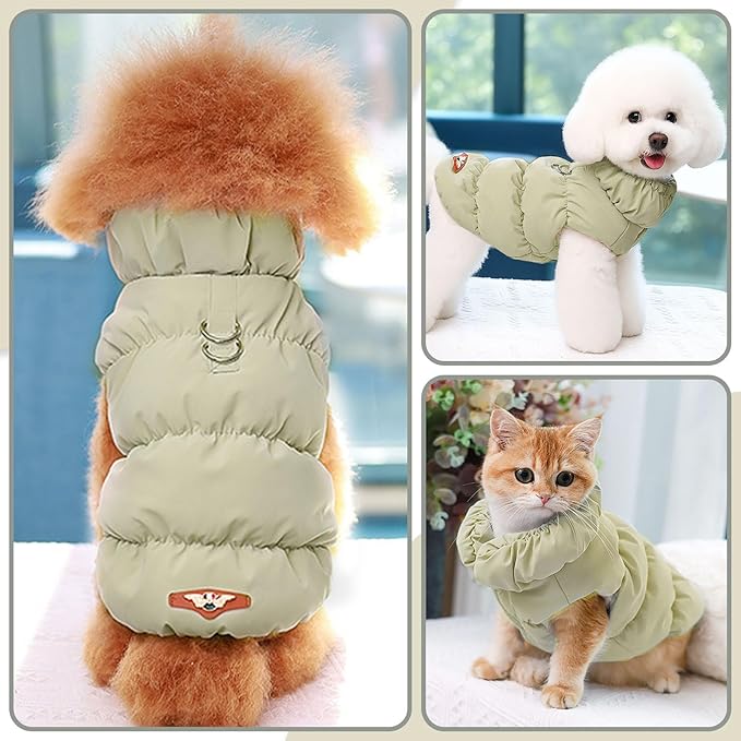 Winter Warm Dog Jacket for Small Medium Dogs Cat Cold Weather Coats with Harness Paded Dogs Fleece Vest Waterproof Windproof Dog Snow Jacket Pet Puppy Clothes (Khaki,L)