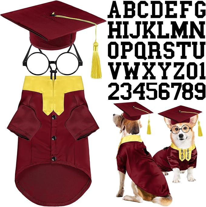 5 Pcs Dog Graduation Costume Set Include 2026 Pet Graduation Gown with Stole Puppy Grad Cap Lensless Glasses DIY Letter Stickers for Dogs Cats Holiday Costume Accessory(Maroon Yellow,L)