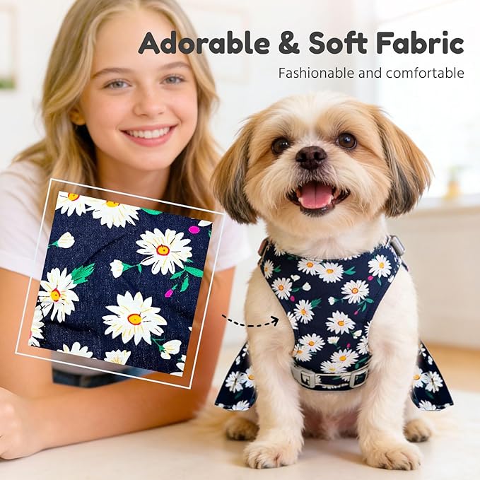 BAEJMJK Dog Dress Bowknot Harness Leash Set for Small Dogs Cats Daisy Floral Girl Dog Dresses Cute Puppy Princess Clothes Pet Doggy Outfits Spring Summer Breathable Dresses (Medium, Navy Blue)