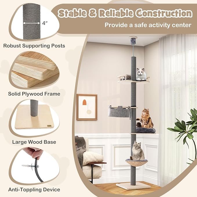 PETSITE Floor to Ceiling Cat Tree with 93”-107” Adjustable Height, 5-Tier Wooden Cat Climbing Pole with Scratching Post, Cozy Hammock and Basket Bed, Floor to Ceiling Cat Tower