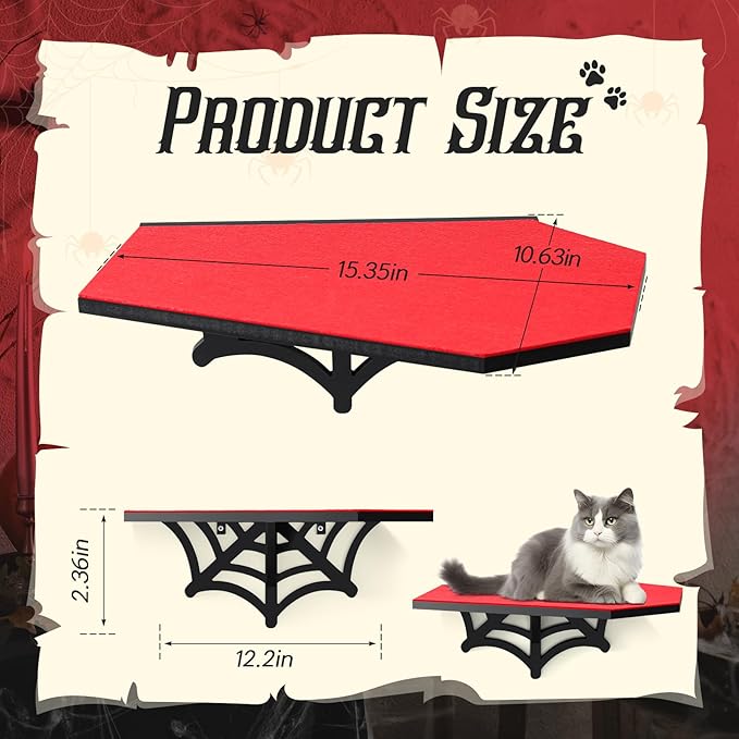 Gothic Wall Mounted Halloween Shelf Coffin Spider Web Style Cat Tree Wall Load Bearing up to 30 Lbs/ 14 kg Black Cat for Indoor