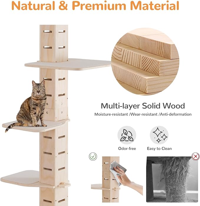 COZIWOW Floor to Ceiling Cat Tree for Large Cats, Cat Tower with Non-Slip Platforms 7 Tier Tall Climbing Pole with Adjustable Height (98-114 Inches) Modern Climbing Tower, Wood, Indoor