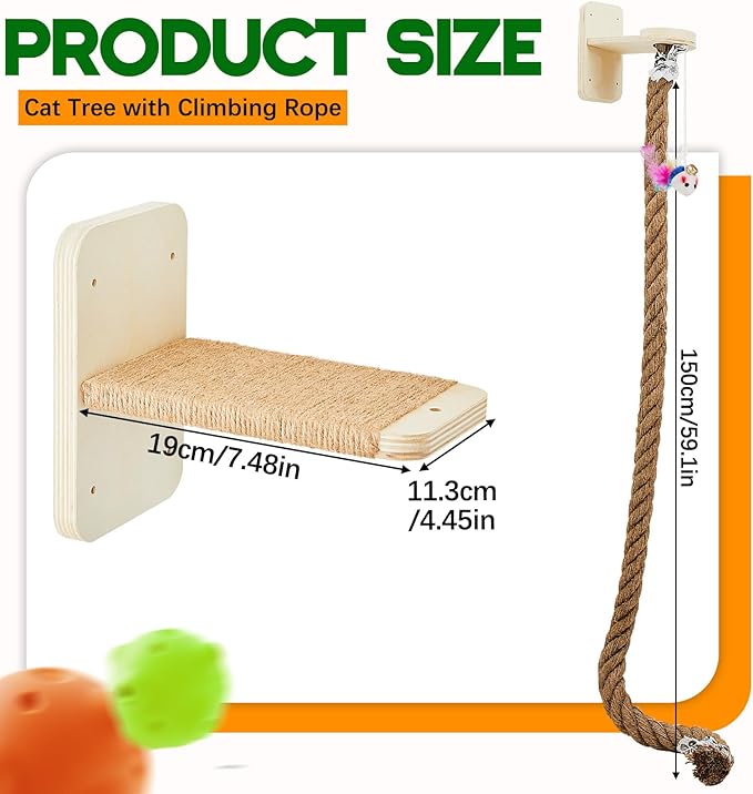 Weysat Cat Tree with 2 x 59.1 Inch Climbing Rope Wall Mounted Cat Climbing Tower Toy with Scratching Post Kitten Rope Ladder with Jumping Platform Wall Steps for Playing and Rest (Wood,with Toys)