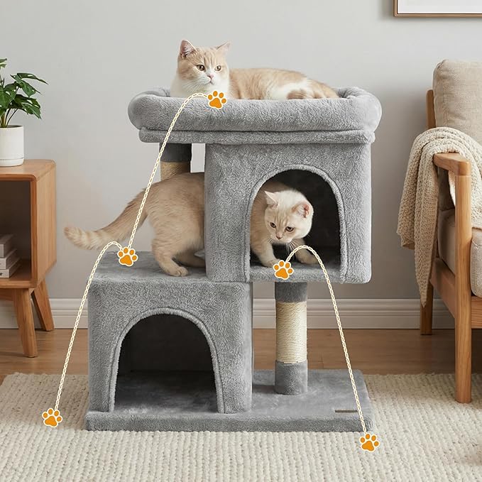 PETSITE 25.5-inch Small Cat Tree, Modern Multi-Level Cat Tower with 2 Comfy Condos, Sisal Scratching Posts, Large Plush Top Perch, and Anti-Tipping Kits, Ideal for Indoor Cats and Kittens (Grey)