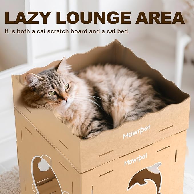 DIY Cat House with Scratcher Cardboard, Condo with Scratching Pads,Cats Play House, DIY Modular Cat Boxes, Indoor Kitty Scratcher Hideout for One or More Cats, Cat Tower Castle Tunnel, 5 Parts