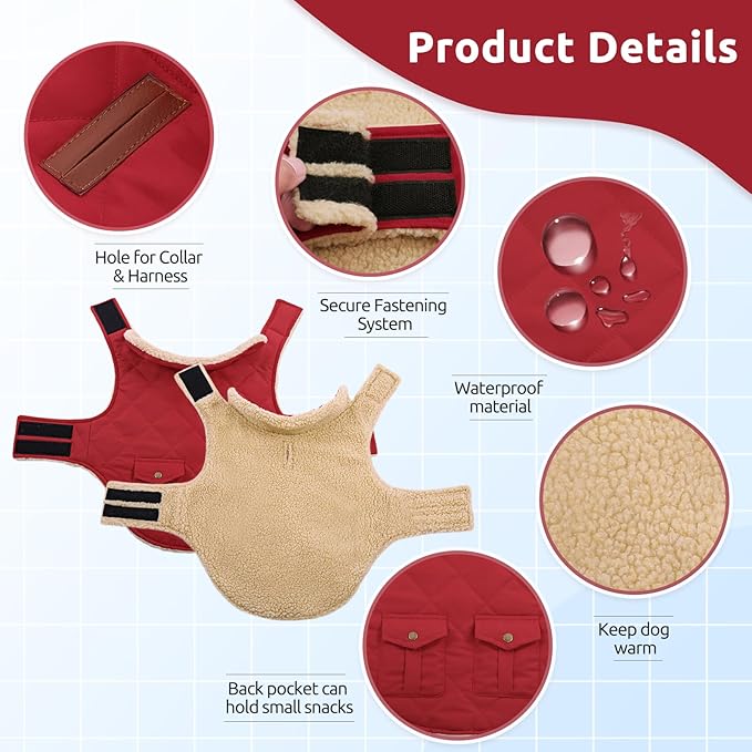ASENKU Warm Dog Winter Coat, Waterproof Dog Coat for Cold Weather, Fleece Dogs Jacket with Ultra Thick Plush Lining Leash Hole Storage Pockets for Large Dogs (Red, X-Large)
