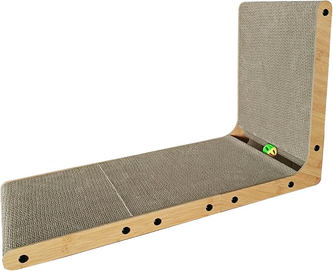 Large Cat Scratcher & Scratching Post, 27.6" Tall L-Shape Cat Scratch Board & Pad for Indoor Cats, Leans Against Wall & Sofa, High-Strength Cardboard with Bell, Catnip & Teaser Wand