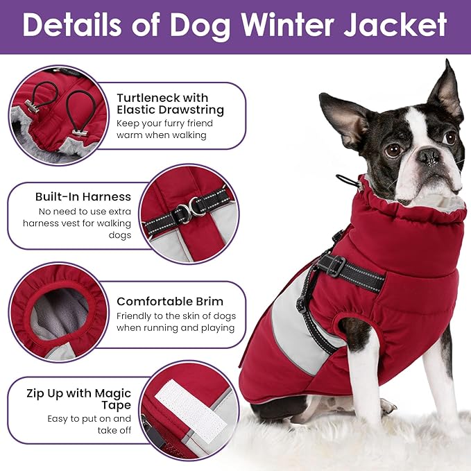 SUNFURA Small Dog Coat with Harness Built in, Warm Dog Jacket Winter with Zipper On Back, Waterproof Pet Snow Jacket Snowsuit Pet Sweater Clothes for Schnauzer, Yorkshire Terrier, Burgundy S
