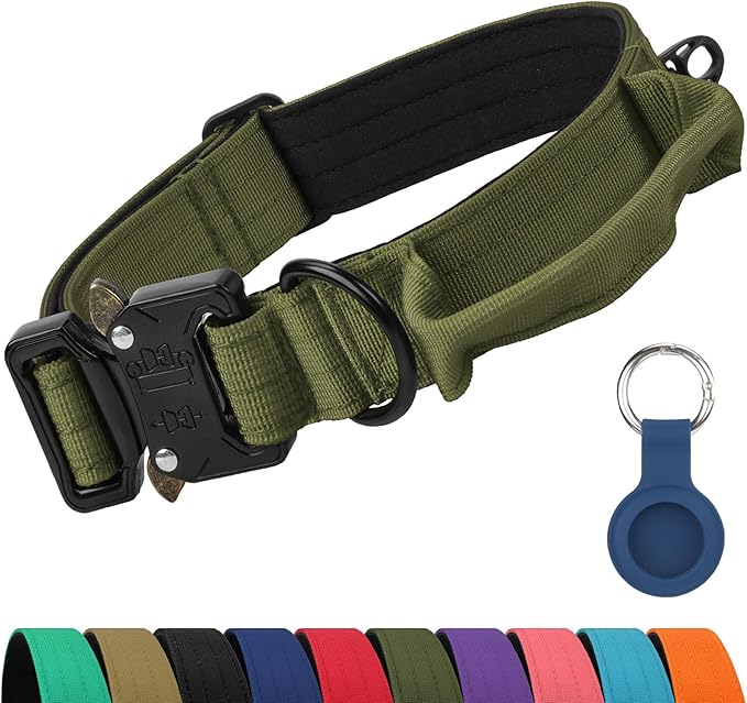 Joytale Tactical Dog Collar for Medium Dogs with Control Handle, Heavy Duty Military Training Collar for Power Breeds, AirTag Holder Case, Quick Release Metal Buckle, Soft Padded, M, Army Green