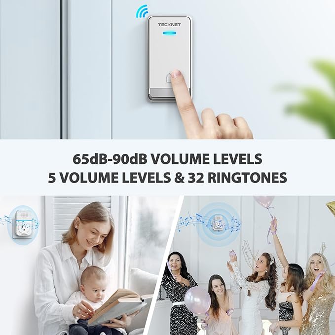 TECKNET Wireless Doorbell, Plug-through Door Bell, IP66 Waterproof Doorbells, 1300ft Cordless Rang Door Bell Ringer Wireless, 60 Ringtones & 5 Level Volume, 0-110 dB Doorbell Chime for Home/Classroom