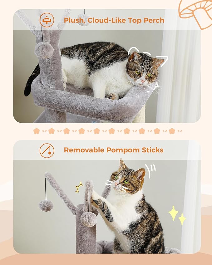 53-Inch Tall Cat Tree with 2 Condos for Indoor Cats,Cat Tower with Scratching Posts for Small Cats,Grey Cat Tree Tower with Hammock and Cat Toys