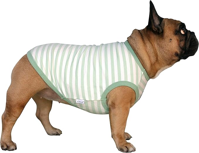 iChoue English Bulldog 100% Breathable Cotton Striped T Shirts Halloween Vest Clothes for Medium Dogs Tank Tops Puppy French Frenchie Pug Boston Terrier Pitbull Green White Stripes - XXLarge