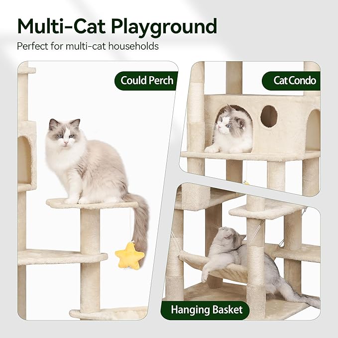 79inch Heavy Duty Cat Tree for Indoor Cats Large Adult, Tall Giant Cat Tower with Scratching Post, Large Perches, Cozy Cat Condos & Hanging Hammocks, Beige