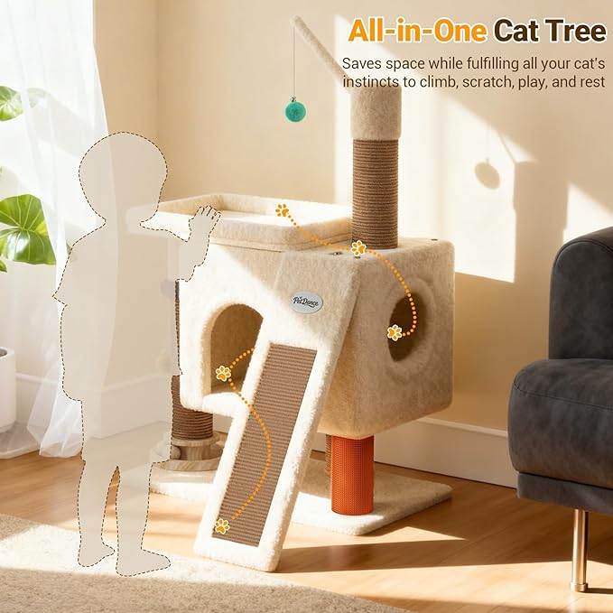 【SteadyCore】 PetDance All-in-1 Cat Tree Tower with Heavy Duty Board, Solid-Wood,Small Cat Tower with Multiple Fun:Interactive Track Ball Toy & Self-Grooming Brush for Indoor Cats,Beige