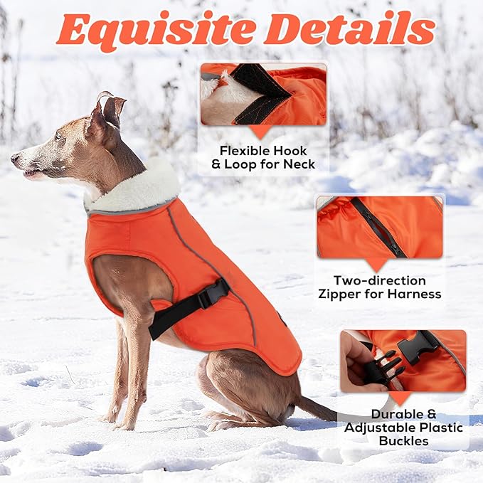 EMUST Dog Coat Winter, Waterproof Pet Snow Jacket for Winter, Adjustable Small/Medium/Large Dog Coat, Orange, L