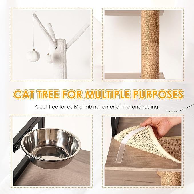 Modern Cat Tree with Litter Box Enclosure Multi-Level Cat Condo with Scratching Posts, Feeding Bowl, Pompom Toys & Odor Control, Gray