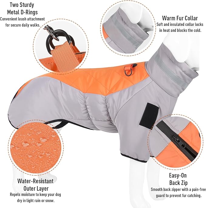 Waterproof Dog Coat for Large Dogs, Winter Warm Jacket with Adjustable Turtleneck, Reinforced D-Ring, Full Front Zipper & Elastic Leg Bands, Windproof Snowsuit Reflective Strip (Grey Orange, 4XL)