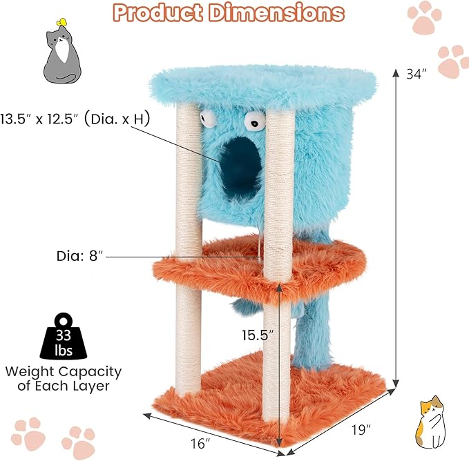 PETSITE 34 inch Monster-Themed Cute Cat Tree, Modern Cat Tree Tower with Sisal Scratching Posts, Cat Condo, and Hanging Dangling Toys, Long Plush Covered Surface