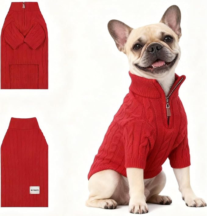 Small/Medium Dog Sweater, Warm Dog Winter Coat w/Sleeves, Comfortable High Neck Premium Dog Clothes for Bulldog-Best for Holidays, Daily Walks L Red