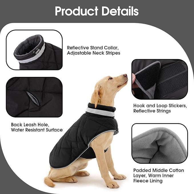 KAMA BRIDAL Dog Winter Coat Warm Padded Puppy Jacket Windproof Water Resistant Clothes for Small Medium Large Pets Christmas Sweater Outfit Vest(Black, 3XL)