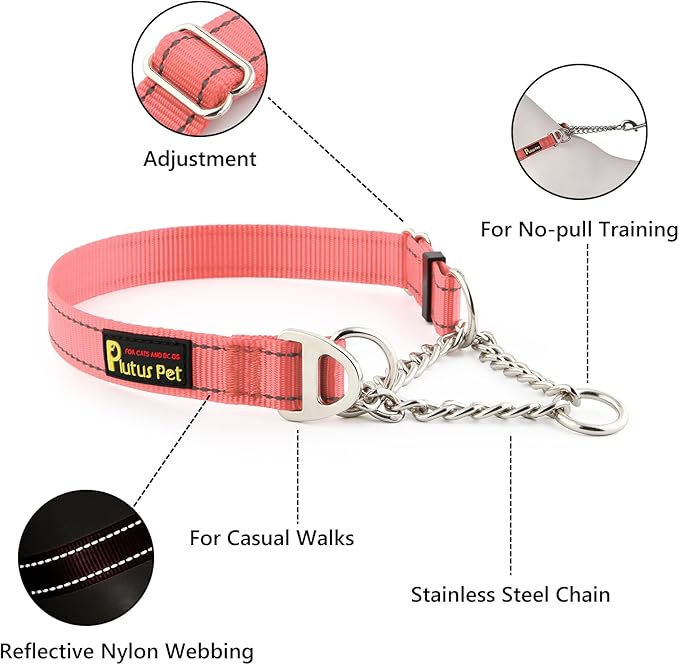 Plutus Pet Martingale Dog Collar with Stainless Steel Chain and Reflective Nylon, Adjustable No Pull Training Collar, for Small Medium, and Large Dogs, Pink, S