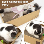 Cat Scratcher Box with 3 PCS Scratching Pads, Reversible Corrugated Cardboard Lounge Bed with Feather Toy and Balls Recyclable Cat Scratcher Cardboard for Indoor Cats