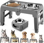 Elevated Dog Bowls for Large Dogs 5 Adjustable Heights 7.5"-15.4", 2 X-Large 10” Stainless Steel Bowls, Heavy Duty Raised Dog Bowl Stand Foldable Pet Feeder for Dogs Shoulder Height Over 15”, Grey