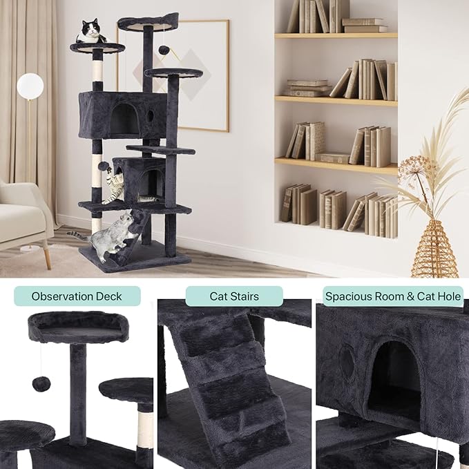 Cat Tree for Indoor Cats Cat Condo Cat Tower with Scratching Post Cat Tease Ball Perches Platform for Small and Medium Cats 54 Inch Multi-Level, Light Gray
