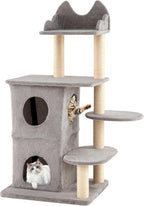 PETSITE 48.5-inch Multi-Level Cat Tree, Modern Cat Tree Tower with Sisal Scratching Posts, Double-Layer Condo, Cute Top Perch, and Multiple Jumping Platforms, Grey