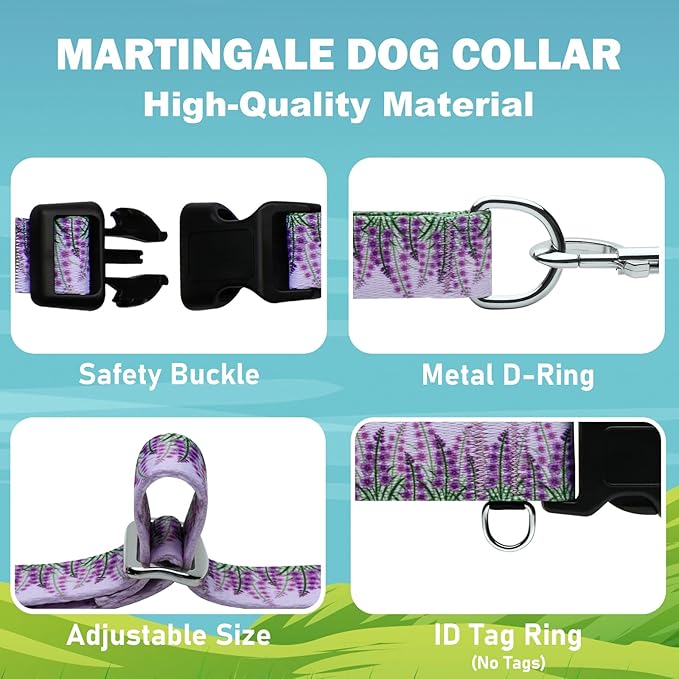 Martingale Collar for Dogs with Buckle Floral No Pull Adjustable Nylon Limited Slip Training Dog Collars (Purple Lavender, Small)