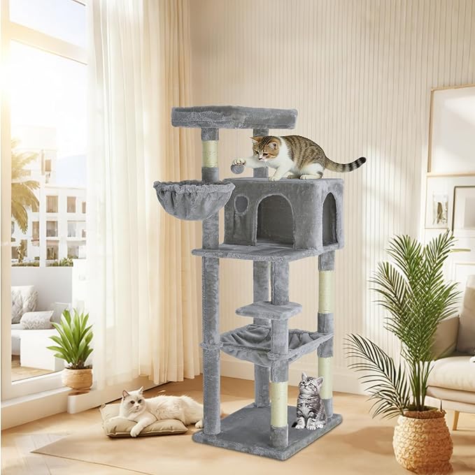 56.2 Inch Cat Tree Condo, Multi-Level Tower with Sisal Scratching Post, Cat House, Plush Toy & Indoor Play Gym (Grey)