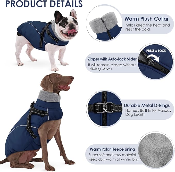 AOFITEE Dog Jacket with Harness Built in, Waterproof Dog Coat for Small Dogs, Warm Fleece Pet Puffer Vest with Zipper on Back & Furry Collar, Reflective Dogs Snow Jacket Small Pet Snowsuit, Blue S