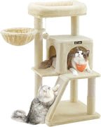 Feandrea Cat Tree, 37.8-Inch Cat Tower, Multi-Level Condo with Widened Perch, Scratching Posts and Ramp, 2-Door Cave, Hammock, Beige UPCT51M