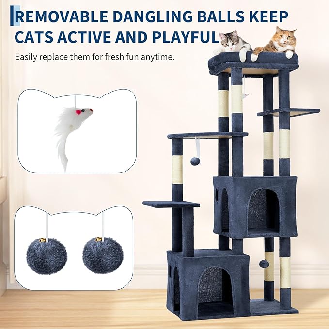 Blue 61" Heavy Duty Cat Tree for Large Indoor Cats & Maine Coon, Fresh Multi-Level Cat Tower with Extra Large Perch, 2 Spacious Condos, Natural Sisal Scratching Posts & Interactive Toys