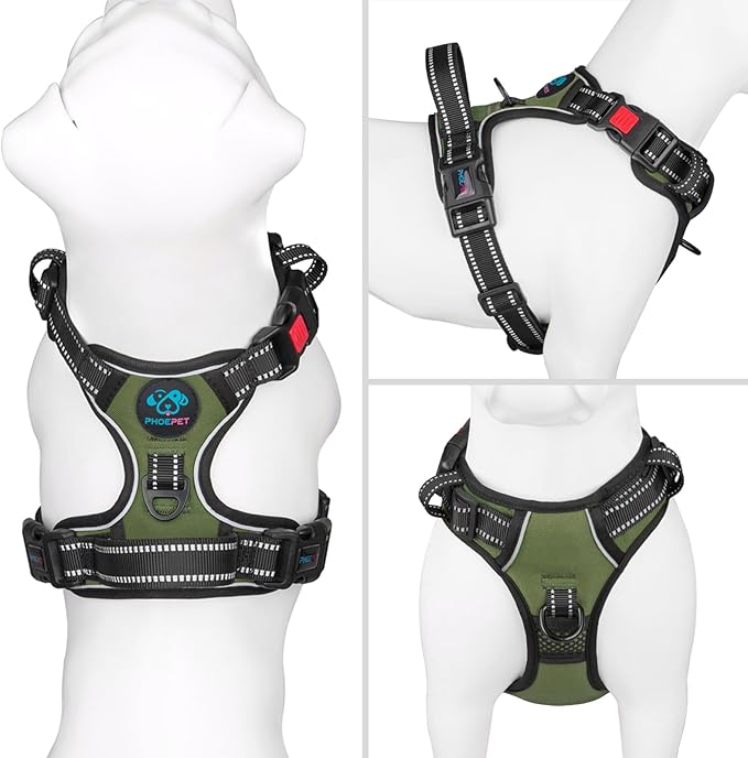 PHOEPET No Pull Dog Harness with Handle Front & Back Clip, Easy on Lockable Snap Buckle at Neck, Adjustable Reflective Vest with Handle for Small Medium Large Dogs (M, Misty Green)
