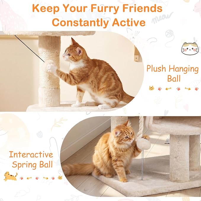 Tangkula 36 Inch Cat Tree Tower, Multi-Level Cat Tower with Condo, Top Perch, Sisal Scratching Posts & Hanging Rope, Spring & Hanging Balls, Climbing Platforms for Indoor Cats and Kittens (Beige)