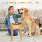 Elevated Dog Bowls for Large Dogs Feeder Two Bowls with a Stainless Steel and Bamboo Dishes，Raised Dog Bowl Stand with Non-Slip Feet，Ideal for Medium and Large Breeds， (13.5-inch High)