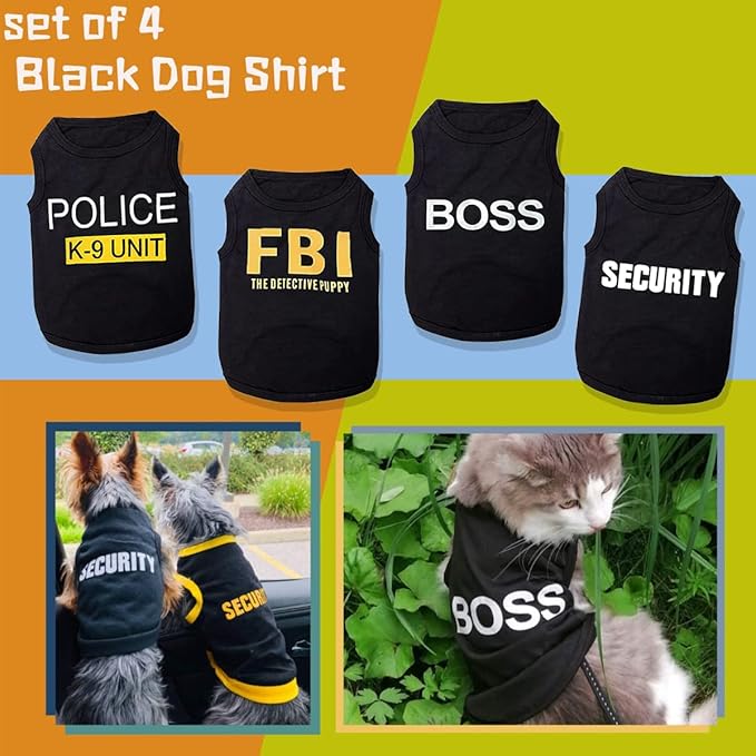 Dog Shirts 4 Pack Cat Apparel Costumes for Cosplay，Breathable Pet T-Shirts，Summer Clothes K9 Security Boss FBI Vest for Dogs Puppy Boy Girl (S, Black)