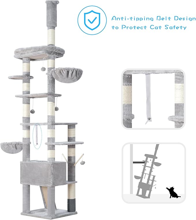 Hey-brother Cat Tree, 98.4-110.2 Inches Floor to Ceiling Cat Tree-Adjustable Height, Tall Cat Climbing Tower for Cats Large Adult with Scratching Post, Cat cando, Light Gray 0MPJ091W