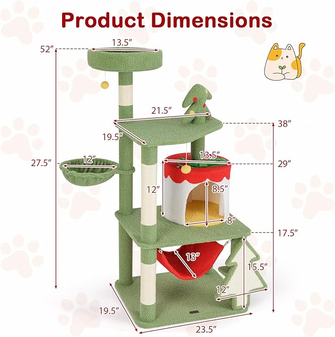 PETSITE 52 inch Cat Christmas Tree, Multi-Level Cat Tower with Sisal Scratching Posts & Board, Cat Condo, Basket Bed, and Detachable Hammock, Cute Cat Tree for Indoor Cats