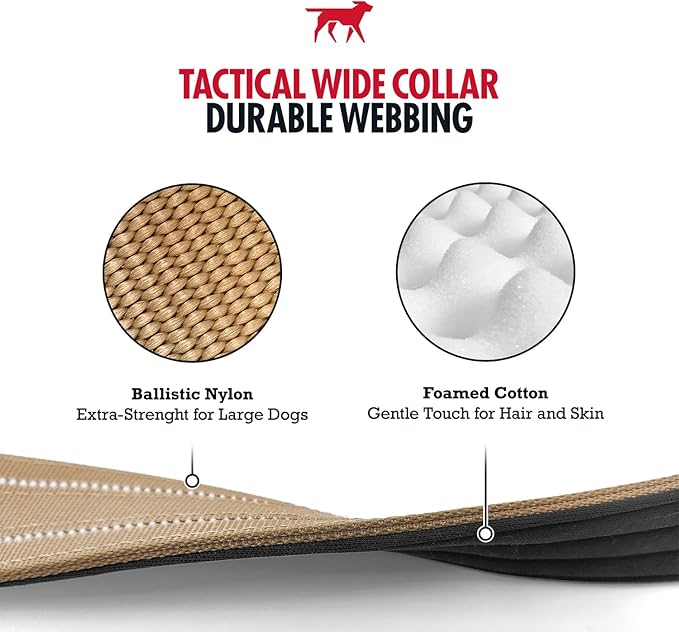 Tuff Pupper Tactical Dog Collar with Handle | Heavy Duty Adjustable Dog Collar | Military Nylon Collar for Large Dogs | Quick-Release Buckle | Soft Padded Comfort | Training Control (Tan, Large)