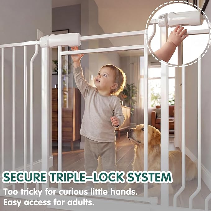 TSAYAWA Triple-Lock Acrylic Baby Gate 29.5"-38.5", Crystal Clear Transparent Pet Gate for Dogs, Heavy Duty Metal Gate for Doorways, Pressure Mount Child Safety Barrier, Auto Close, White