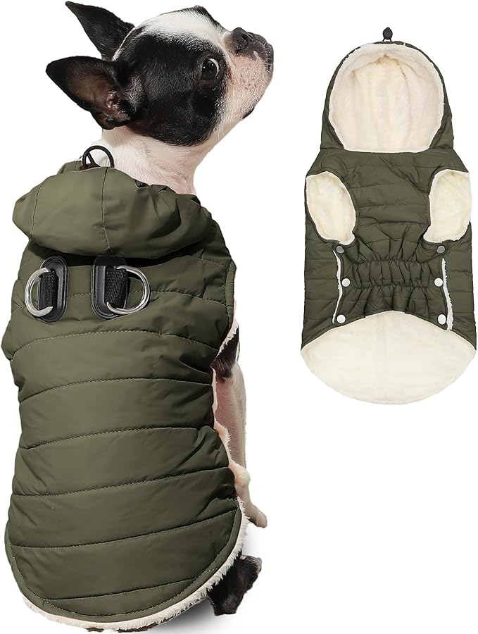 Fleece Lining Dog Hoodie with Harness Built in,Extra Warm Large Dog Jacket in Winter Doggie Coats with Drawstring Hooded,Green XXL