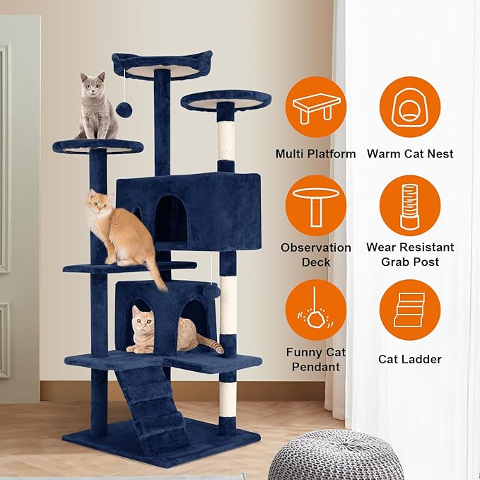Cat Tree 69.3 inches Cat Tower for Indoor Cats Cat House with Replaceable and Removable Dangling Ball Cat Trees and Towers with Funny Toys, Navy Blue